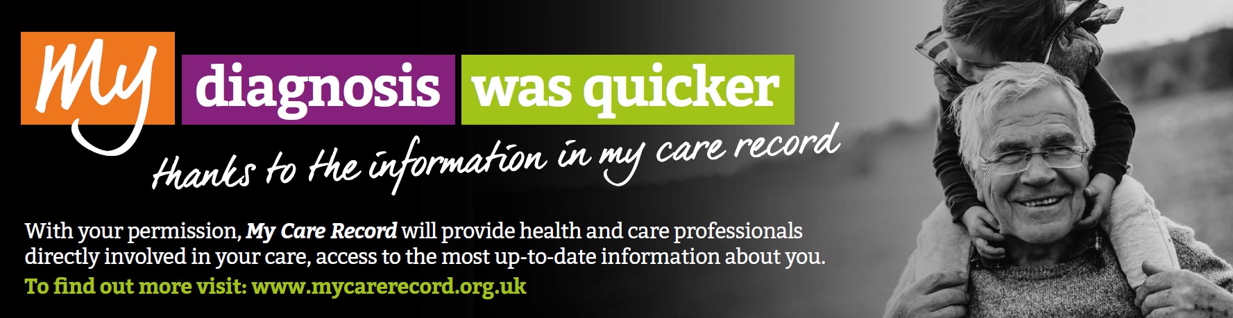 My diagnosis was quicker thanks to the information in my care record. With your permission, my care record will provide health and care professionals directly involved in your care access to the most up to date information about you. To find out more visit www.mycarerecord.org.uk